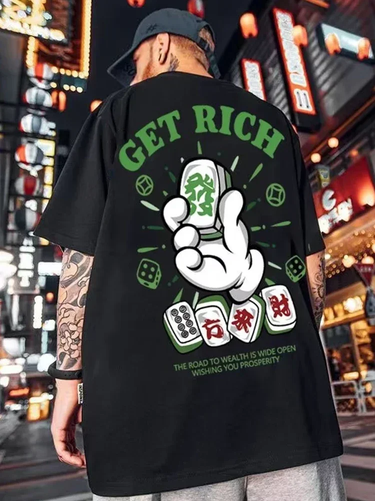 Mahjong Graphic T Shirts Summer Funny Men Get Rich Letter Printed Short Sleeve Tee Shirt Homme Oversized Y2K Streetwear Tops