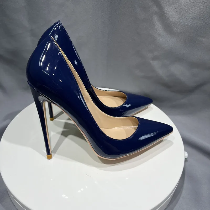 Tikicup Women Navy Blue Patent Pumps Low Cut Pointy Toe Stilettos Elegant Ladies Formal Slip On High Heels Fashion Dress Shoes