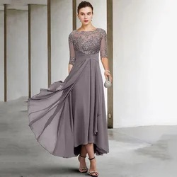 Customized Elegant Half Sleeves Mother's of the Bride Dress Green Chiffon High Low Wedding Guest Gown Scoop Grey Long Evening