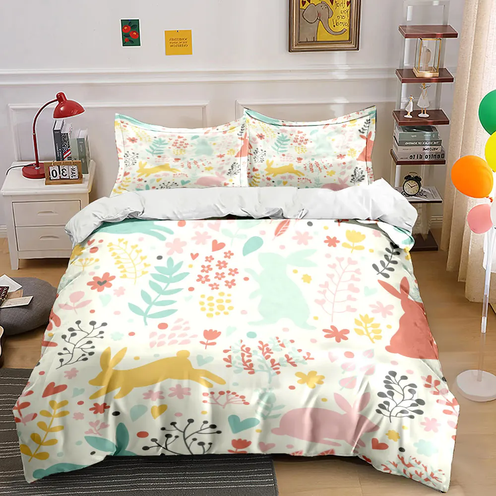 Colorful rabbits and floral patterns Print Bedding Set 1 Duvet Cover 2 Pillowcases for Adult and Children Luxury Gift Full Size
