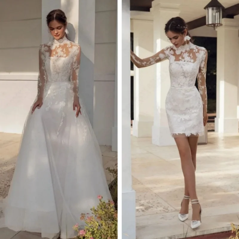 Wykwintna suknia ślubna z długimi rękawami, wysokim dekoltem, odpinanym trenem, linia A, tiulowa aplikacja, suknia ślubna vestido de noiva, szyta na miarę.