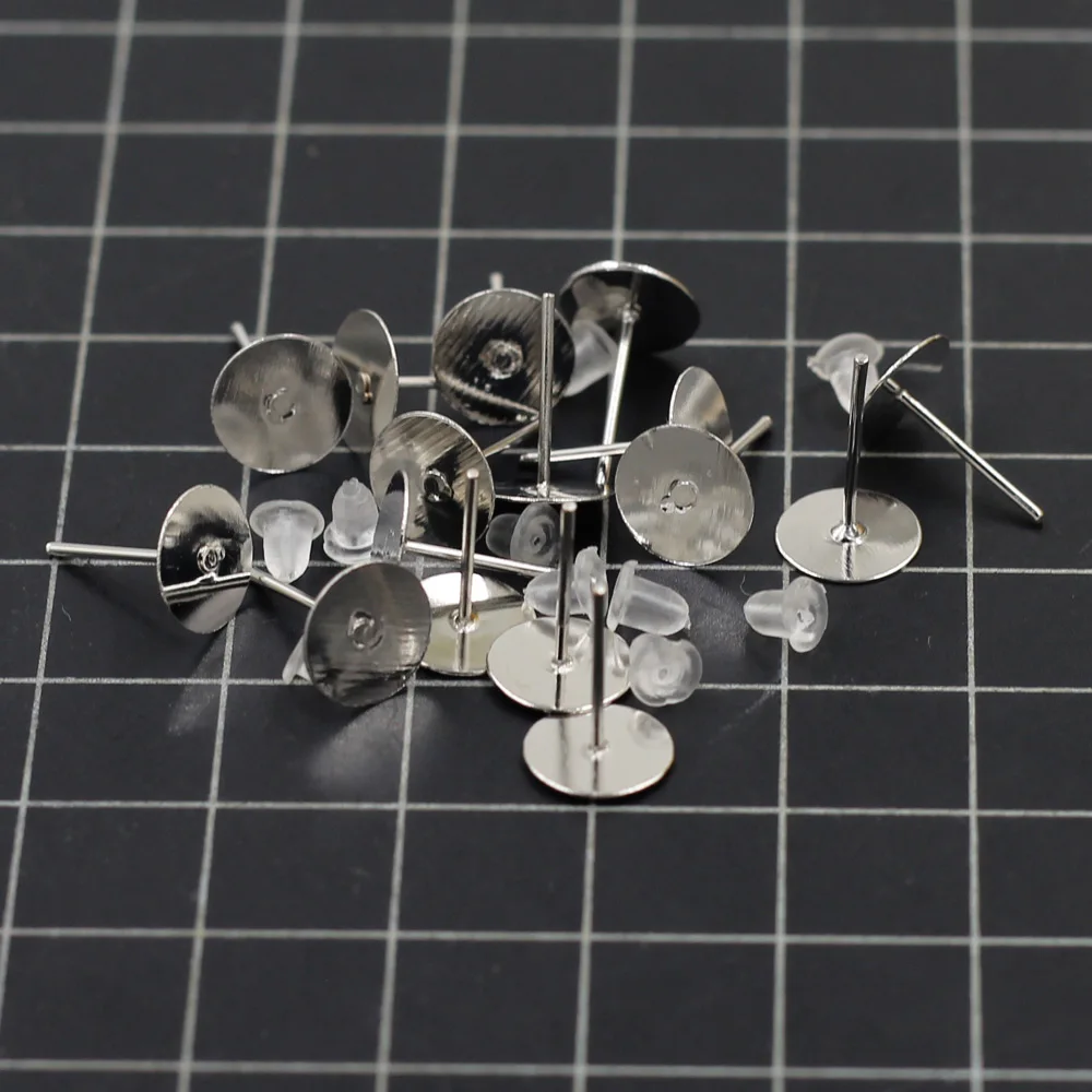 2000Sets Earrings Post With Rubber Stoppers Ear Alloy Glue-on Silver Tone Jewelry DIY Findings 12x8mm