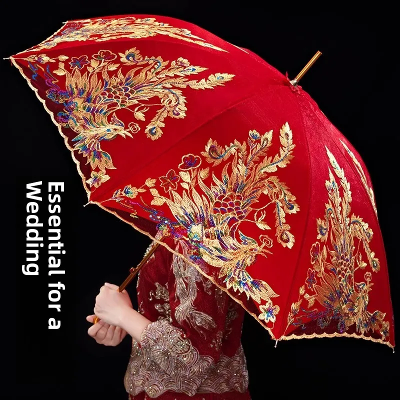 

Красный свадебный зонт в китайском стиле для жениха, настраиваемый, с ручкой из нержавеющей стали, кружевной зонт для торжества бракосочетания
