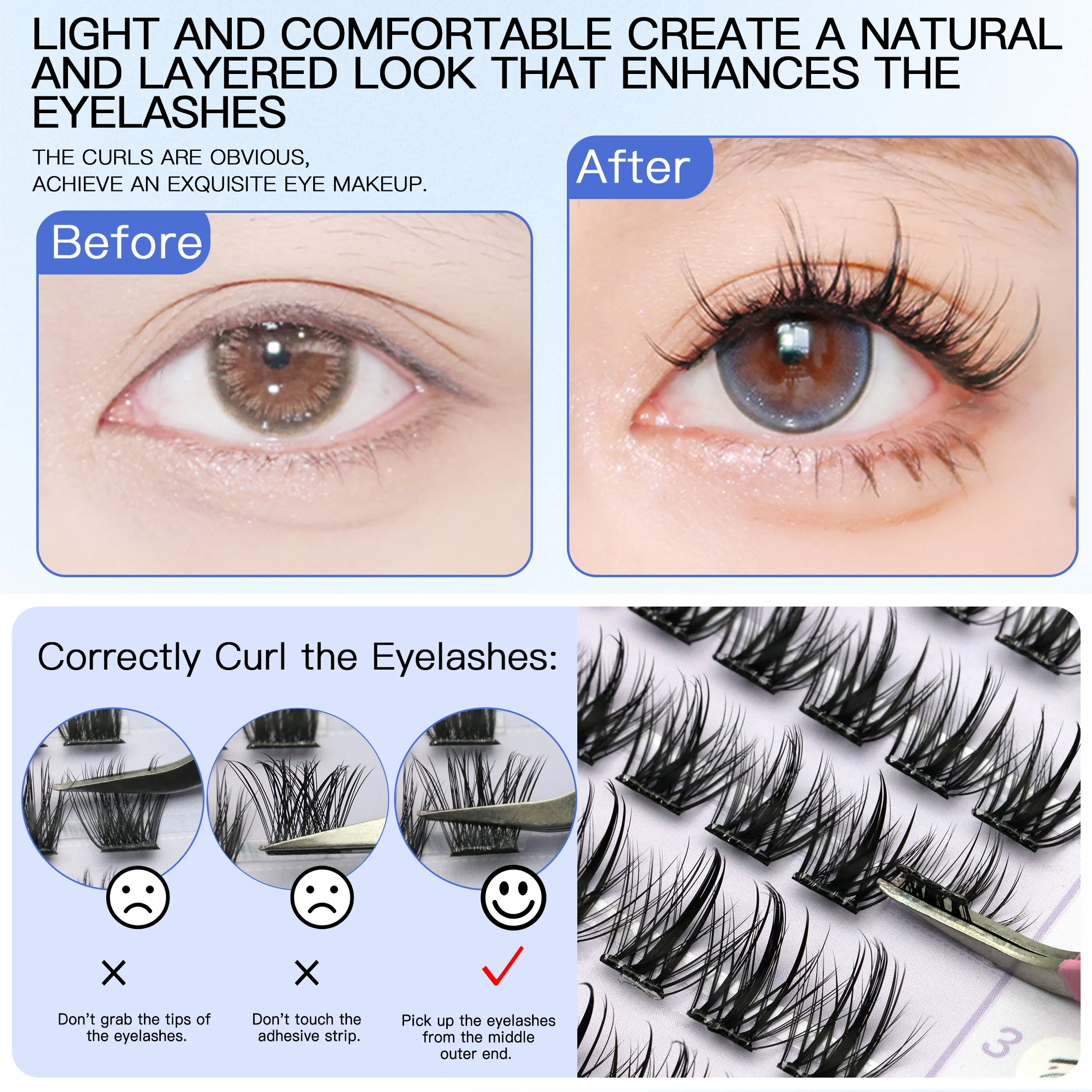 6줄 글루프리 싱글 클러스터 인조 속눈썹 9-14mm 혼합 길이 컬링 가짜 속눈썹 한국 스타일 완벽한 눈 확대