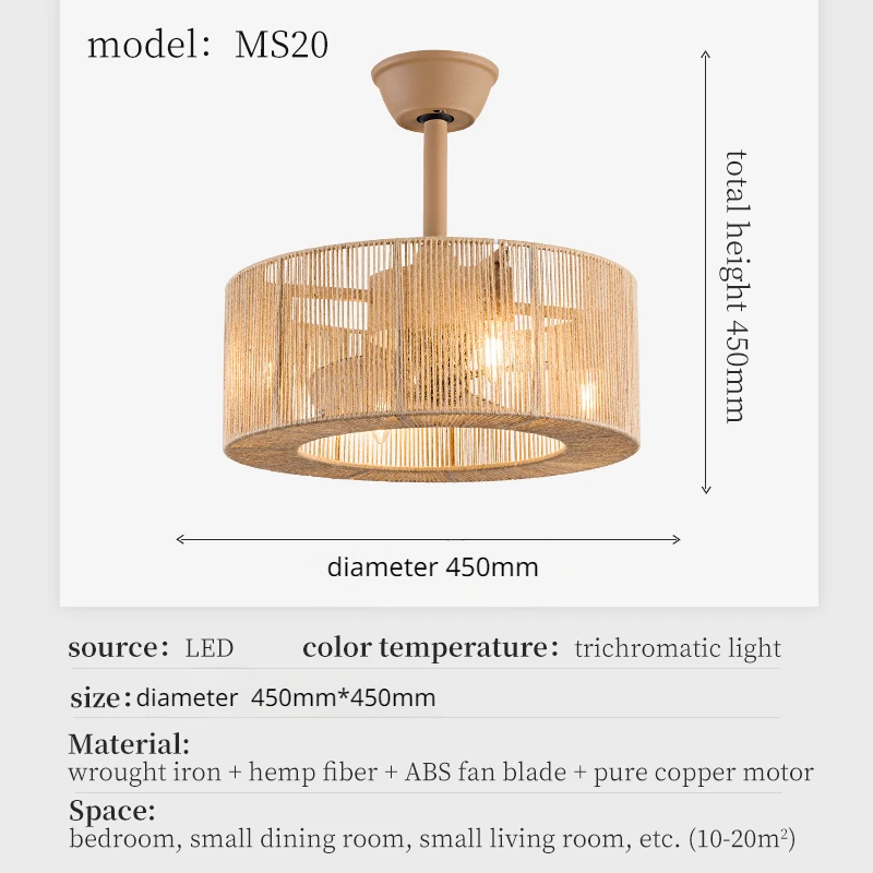 Imagem -06 - Corda Trançada Gaiola Teto Ventilador Luz Quarto Invisível Luz Controle Remoto Velocidades Ventilação Silenciosa Motor dc