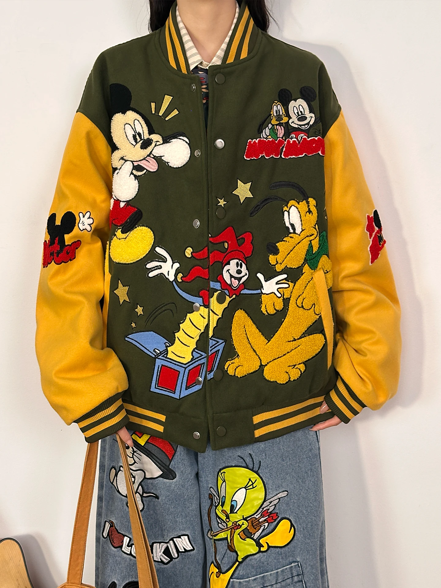 

Thiened Cotton Padded Jaet Loose Fit Baseball Sle Women's Autumn Winter Outerwear Embroidered Design Streetwear Faion