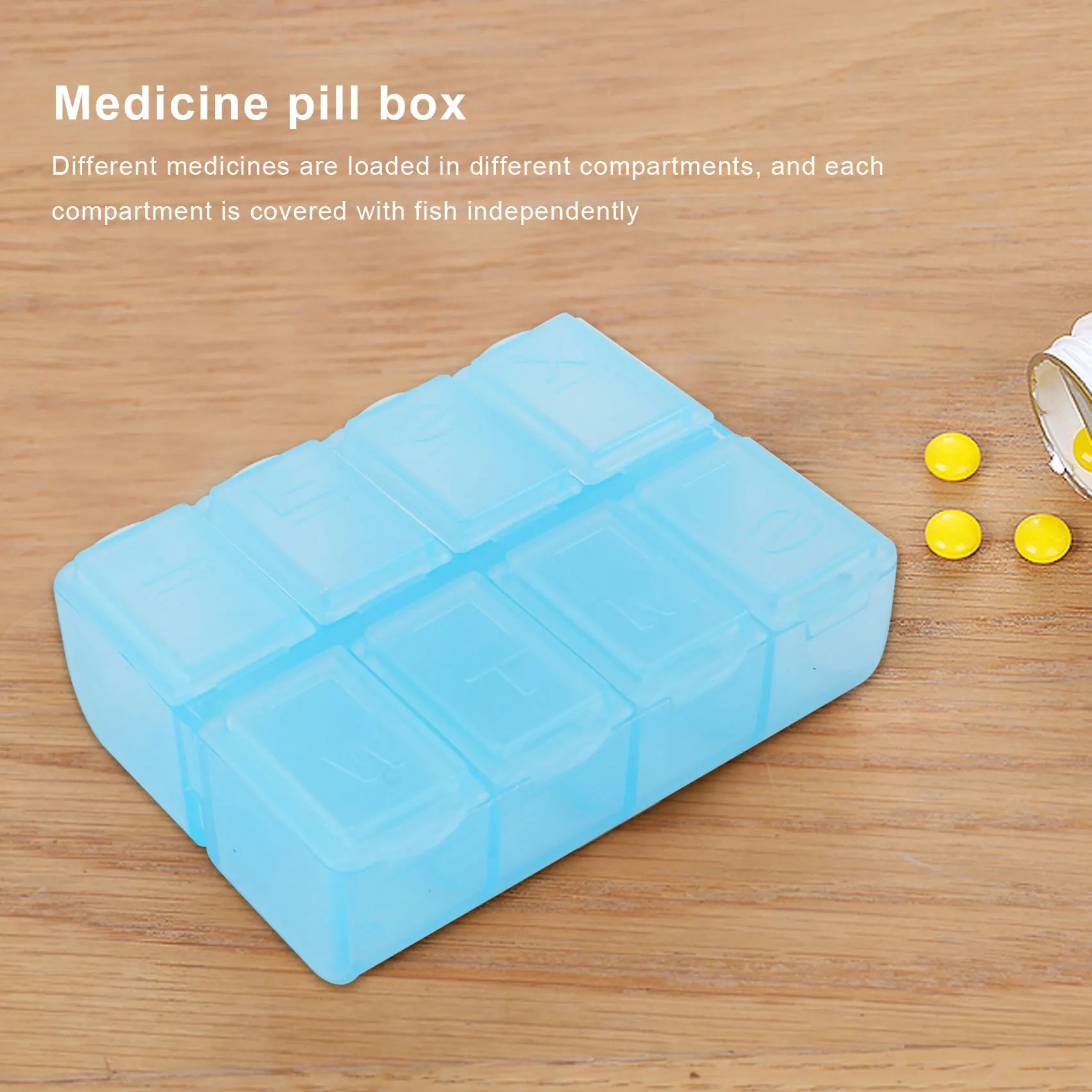 Y02AP Pastillero rectangular de plástico con 8 compartimentos, 7 días, azul