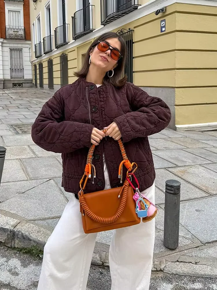 

Casual Quilted Padded Jackets Women's Faionable Loose Round Neck Long Sleeve Zipper Cropped Length Outerwear Winter 2025 New