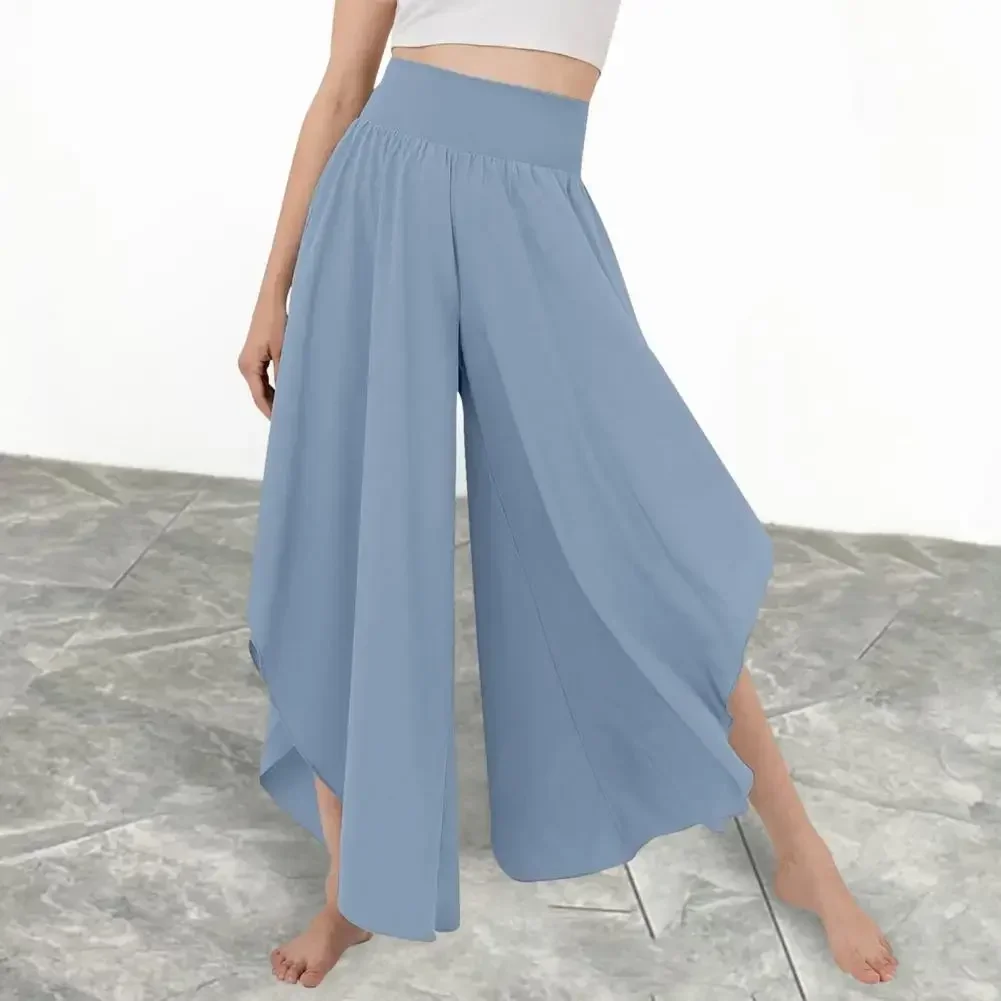 Women Culottes Skirt Pants High Elastic Waist Loose Irregular Hem Ankle Length Solid Color Soft Breathable Female Trousers