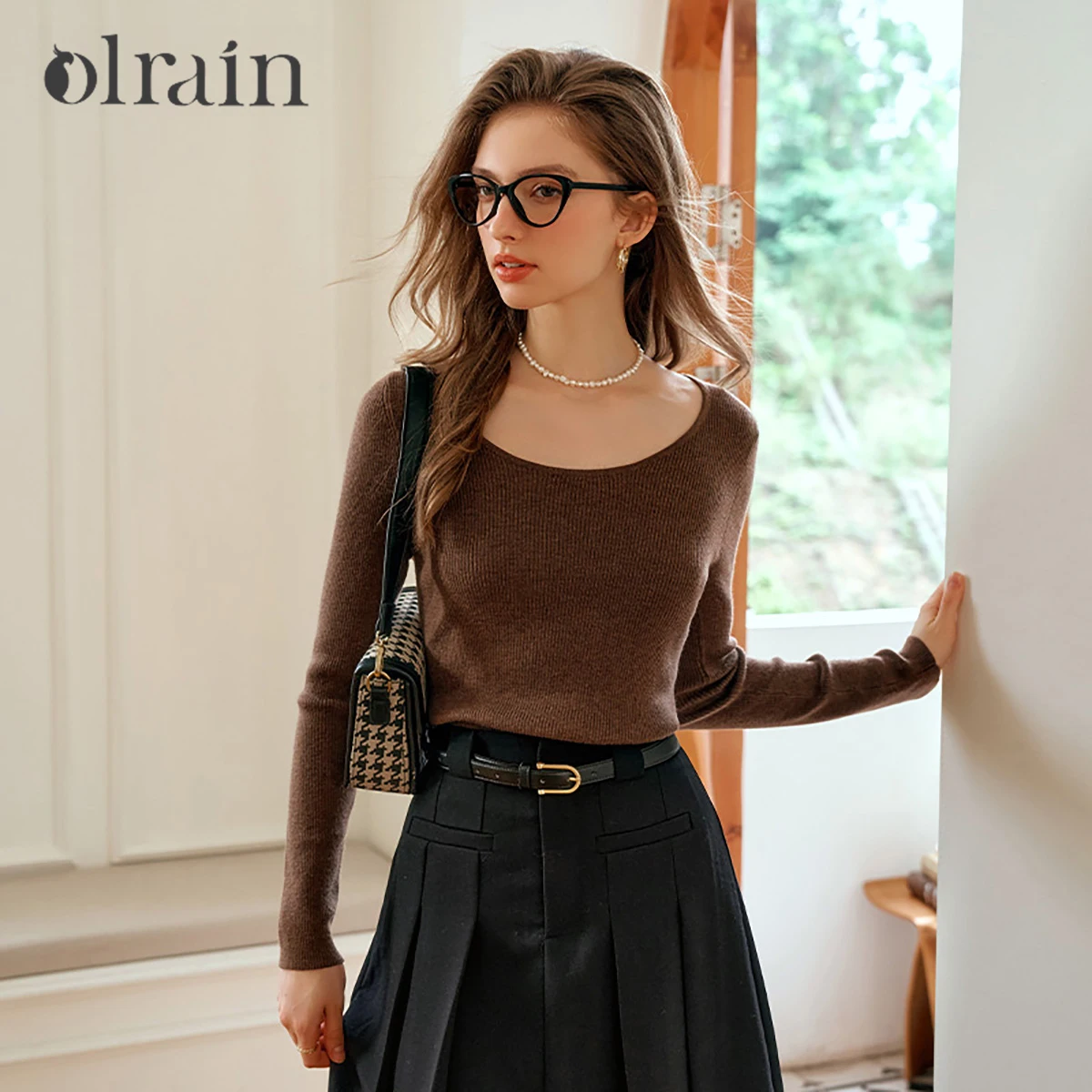 

OLrain French Black Long Sleeve Knitted Sweater Women's Autumn Simple Crew Neck Slim-Fit Bottom Top M56QZ88386