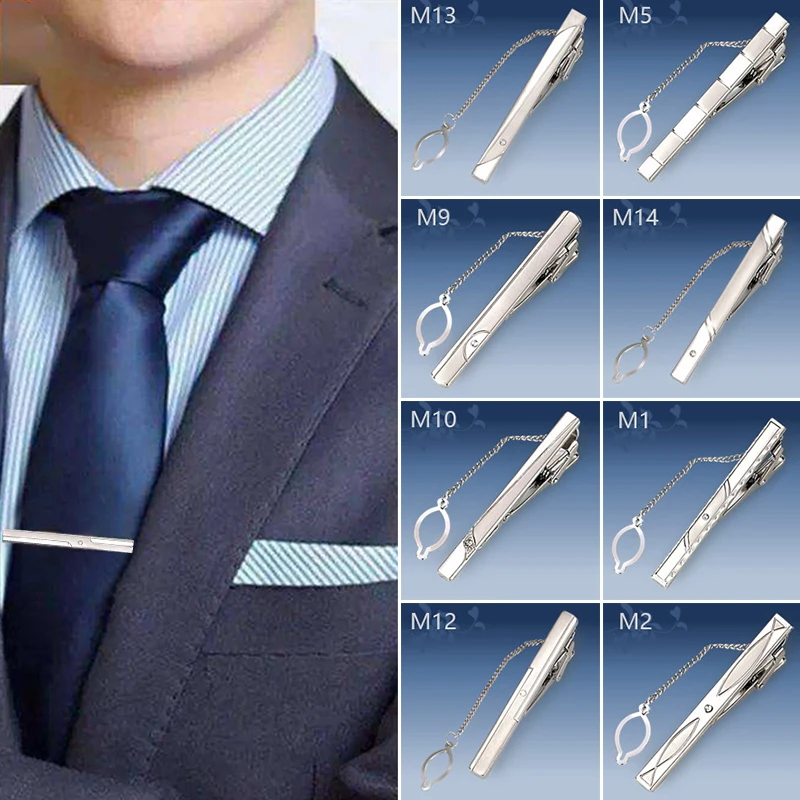 Men\'s Metal Tie Clip Silver Color Necktie Clips Pin Clasp Men Wedding Gentleman Ties Bar Crystal Tie Pin Party Smooth Clasp Pins