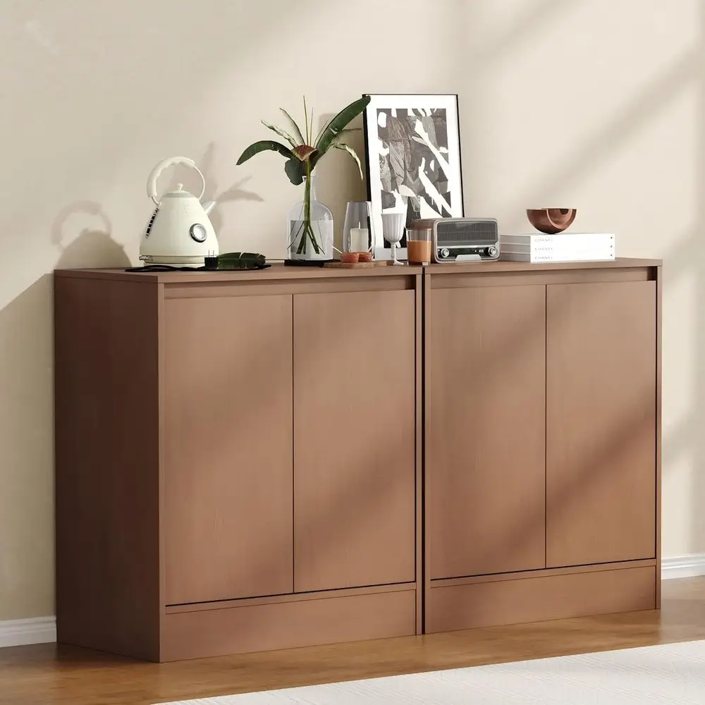Walnut 2-Piece Buffet Cabinet Set with Adjustable Shelves for Kitchen and Living Room