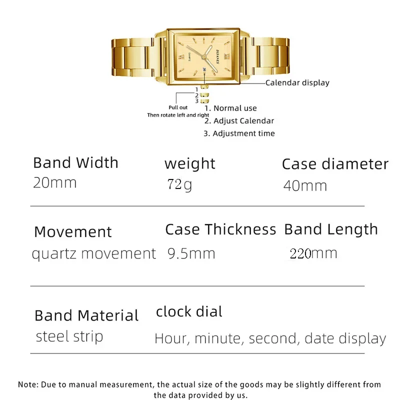 Gold Color Date Square Quartz Watch with Box for Women Men New Luxury Couple Watches Stainless Steel Casual Fashion Wristwatch