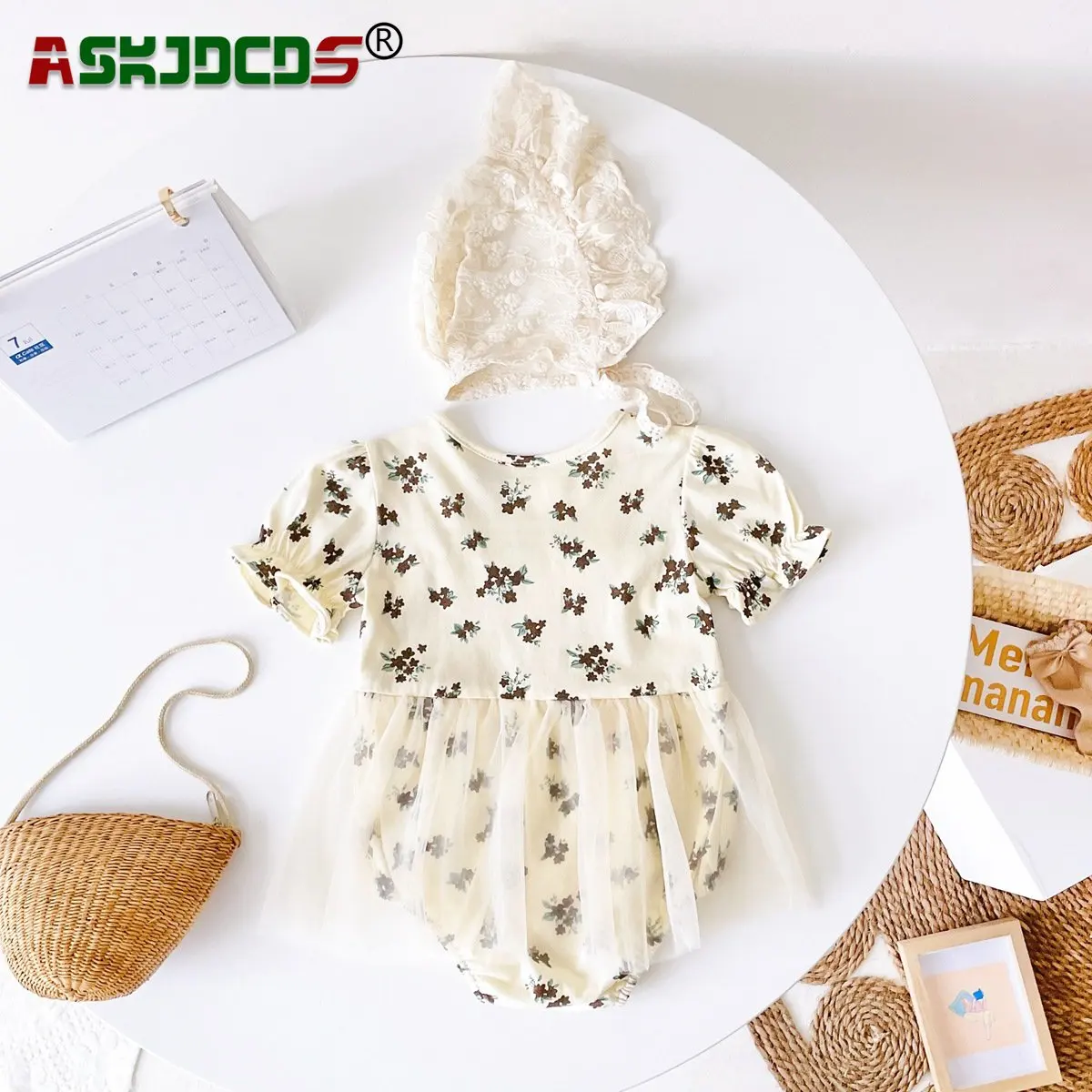 

2023 Summer Bodysuits+hat 0-3Y Infant Baby Girls Short Sleeve Floral Patch Mesh One-pieces Newborn 100% Cotton Overalls Kids