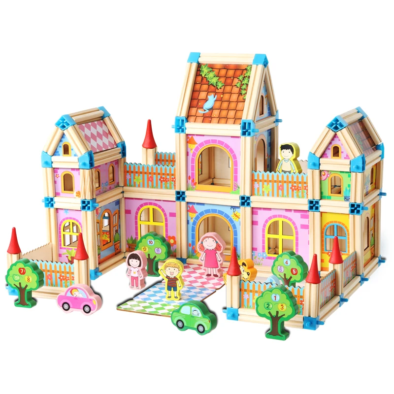 

128pcs Wooden Doll House Miniature DIY Dollhouse With Doll Kids Building Blocks Toys For Children Gifts Holiday Times Play House