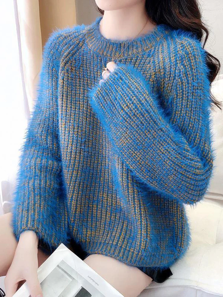 Jmprs Office Lady Elegant Blue Sweater Lazy Wind Vintage Korean Knitted Tops Women Casual O Neck All Match Loose Retro Jumpers