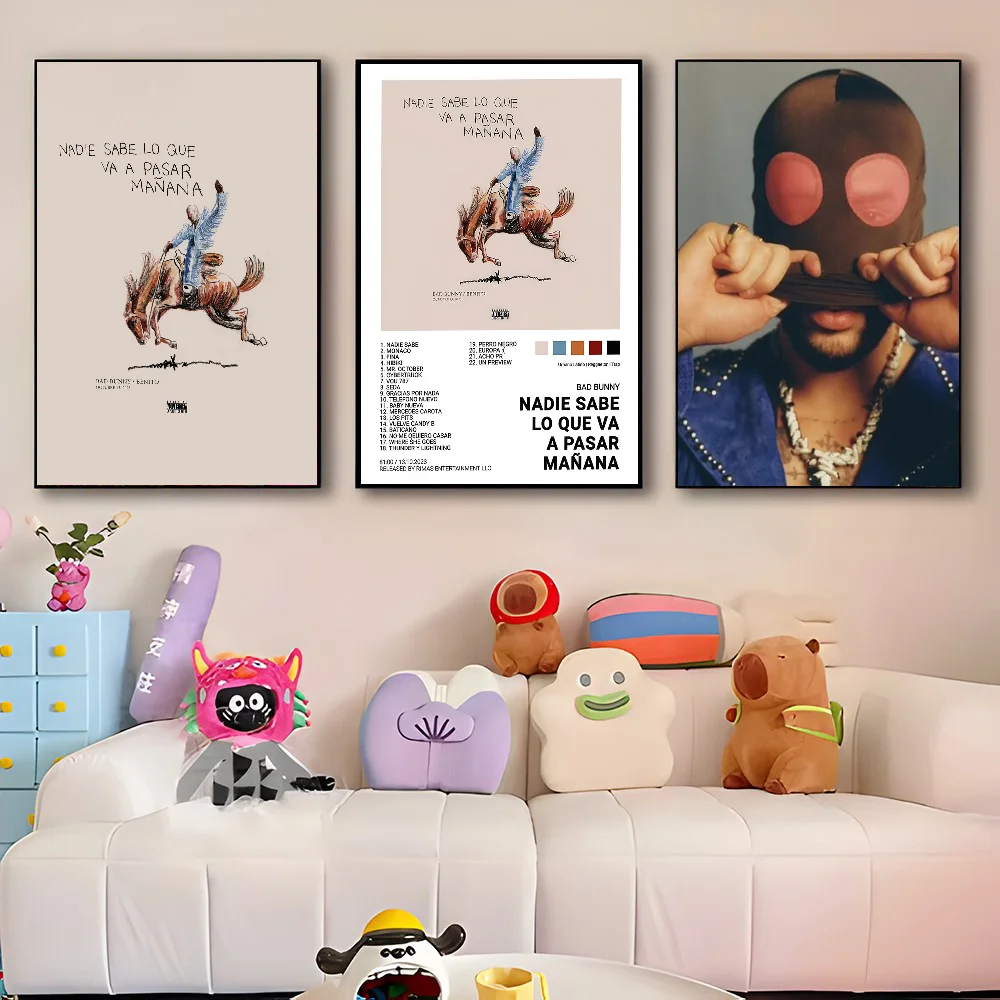 Póster de Bad Bunny Nadie Sabe Lo Que Va A Pasar Manana, arte autoadhesivo, pegatina de papel impermeable, decoración de pared de habitación, cafetería, Bar