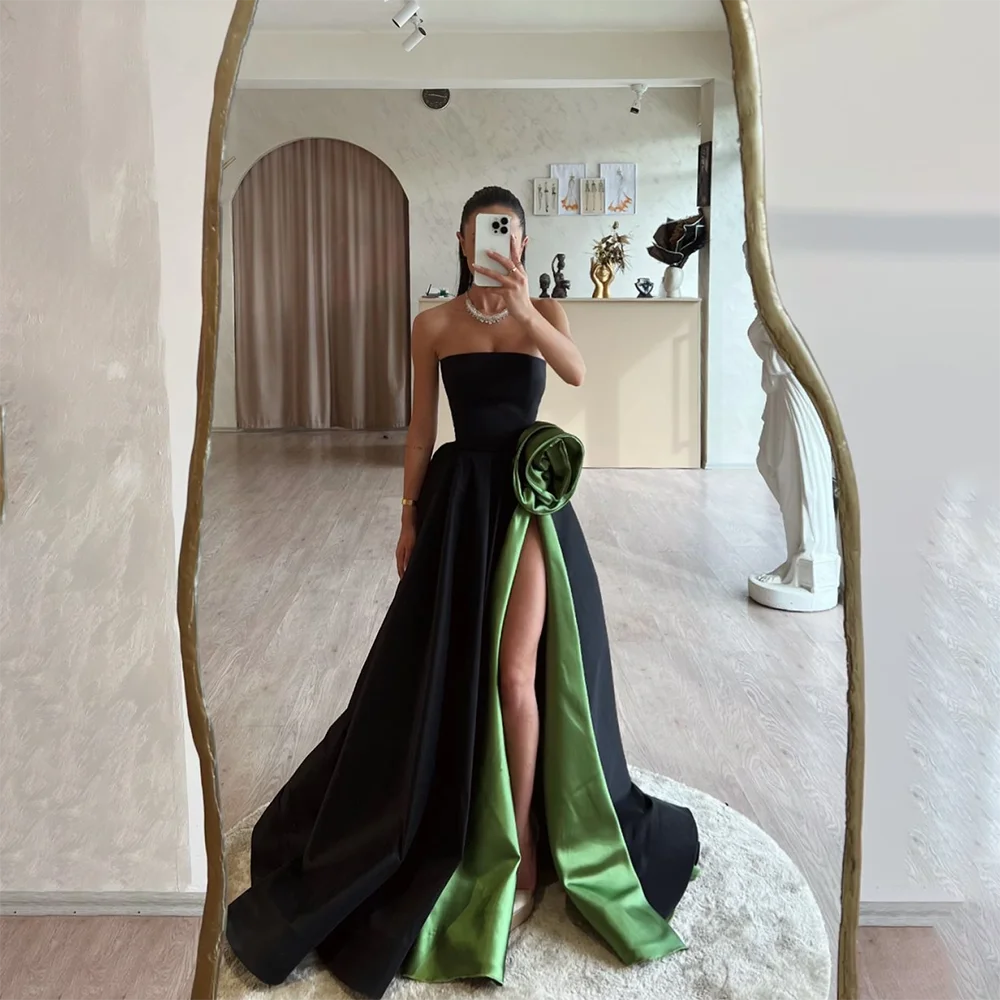 

Fashion Prom Dress for Woman Floor Length A Line Strapless Party Gown Elegant Pleat Flower Slit Elegant Evening Dress Customized