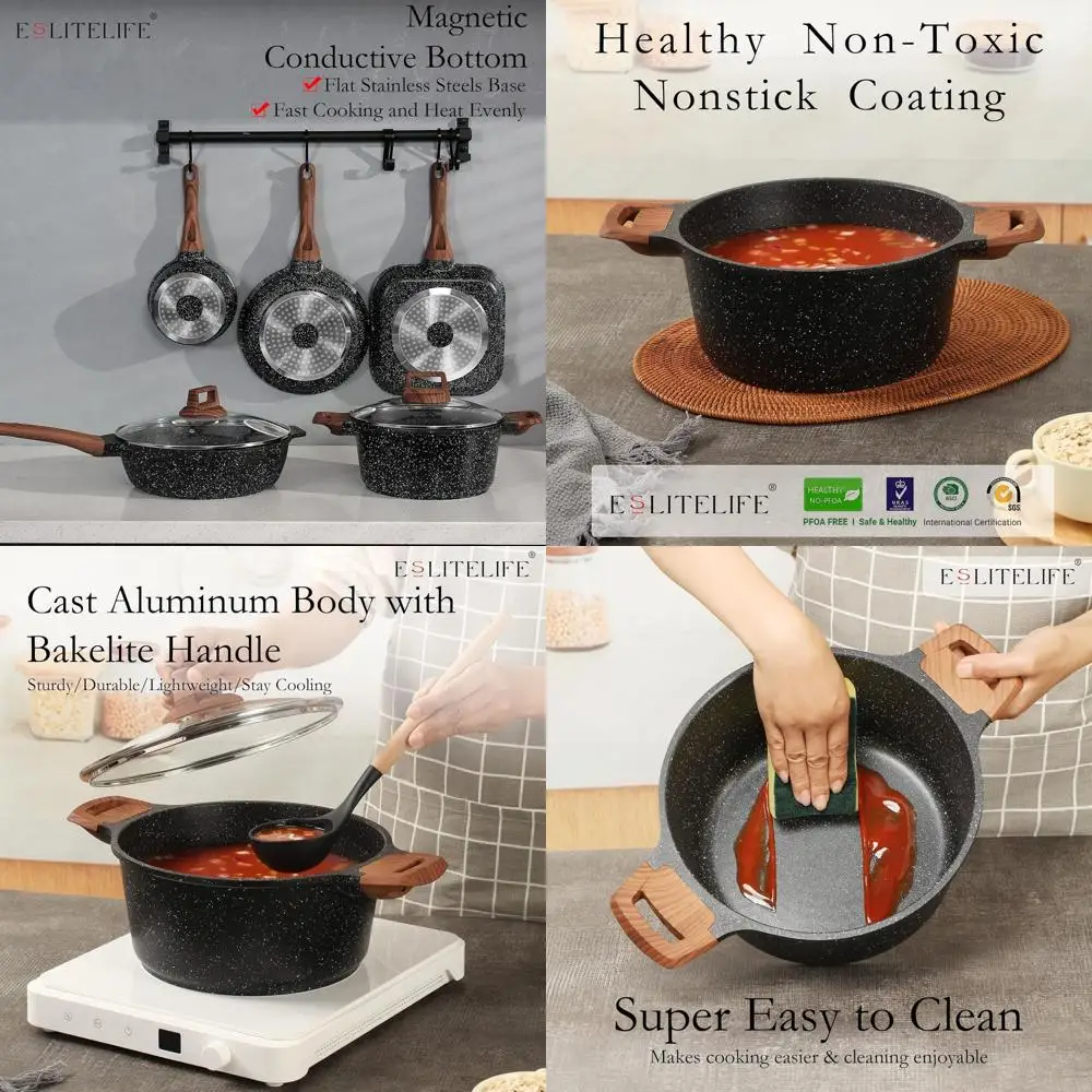 

9-Piece Granite Coating Nonstick Cookware Set for All Stoves, Black, PFOA-Free Kitchen Essentials