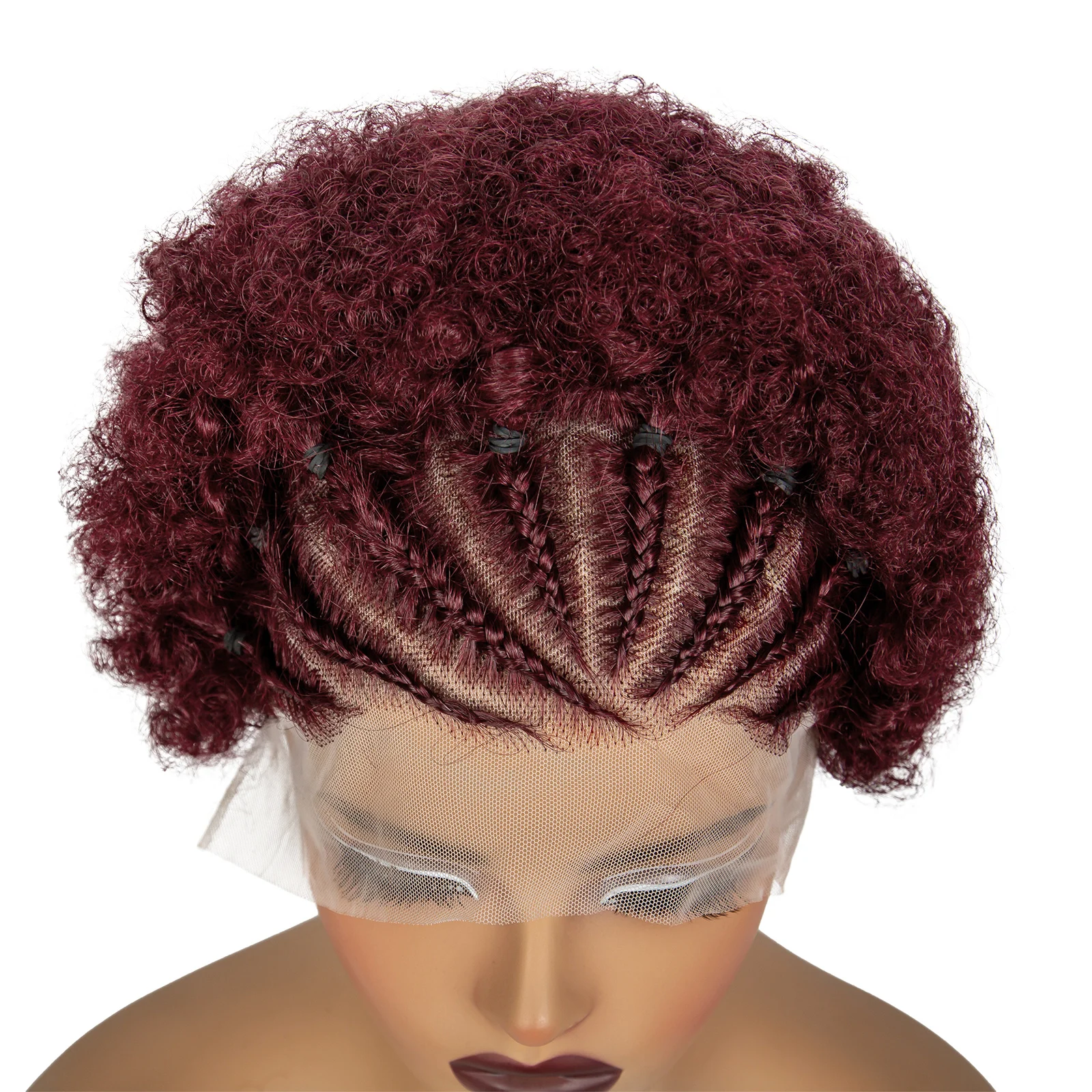 99J# Burgundy Afro Kinky Curly Human Hair Wigs with Cornrow Braids 13x4 Transparent Lace Frontal Short Curly Bob Wigs for Women