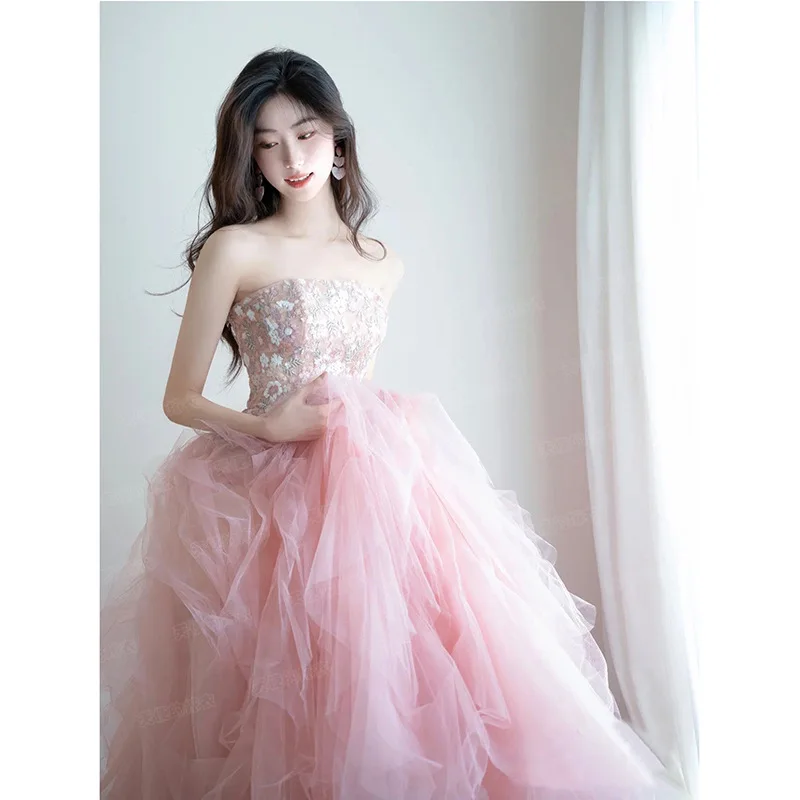 Vestido de noite romântico rosa, elegante, estampado floral, sem alças, slim, vestidos de noiva, princesa, bolo, vestido de baile, quinceanera