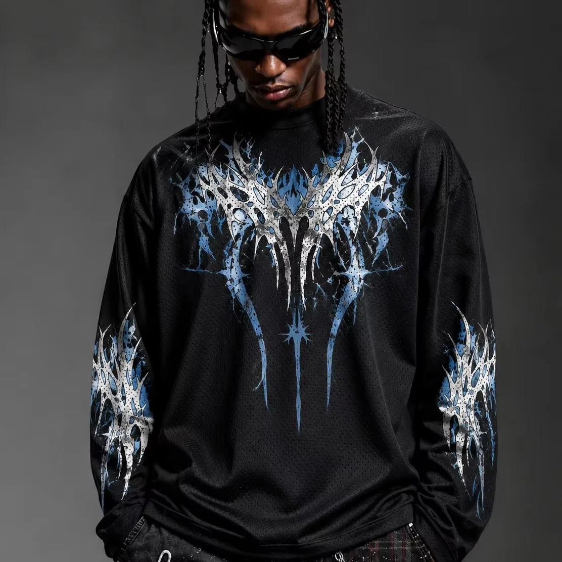 Goth Thorn-studded Patterned Mesh Long-sleeved Hip-hop Loose Breathable Round-neck T-shirt, Men's and Women's Version Alike