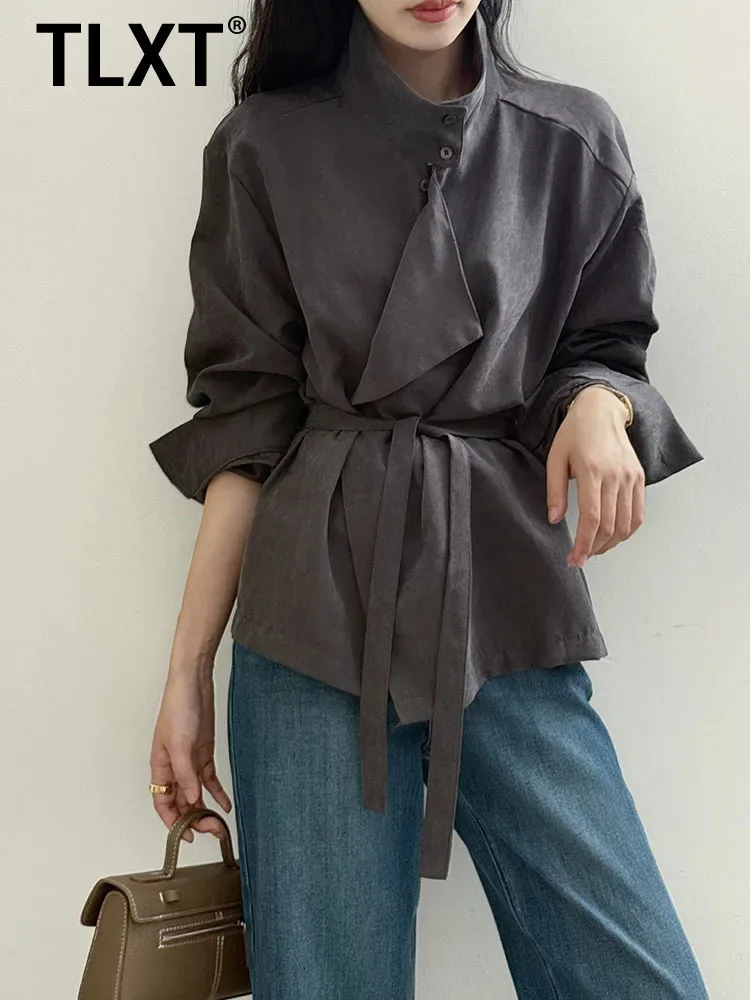 

TLXT, элегантная женская бархатная рубашка в корейском стиле с воротником-стойкой на талии, высококачественная утягивающая универсальная блузка, зима 202, новинка
