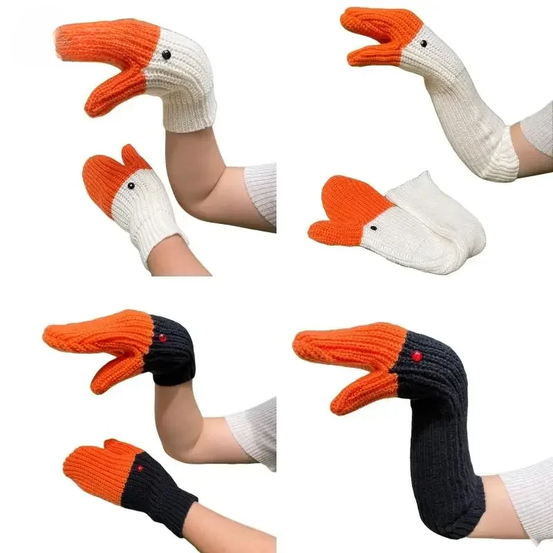 Autumn And Winter Cold-Proof Cartoon Duck Mittens Three Swan Full Finger Gloves Knitted Wool Warm Accessories For Children