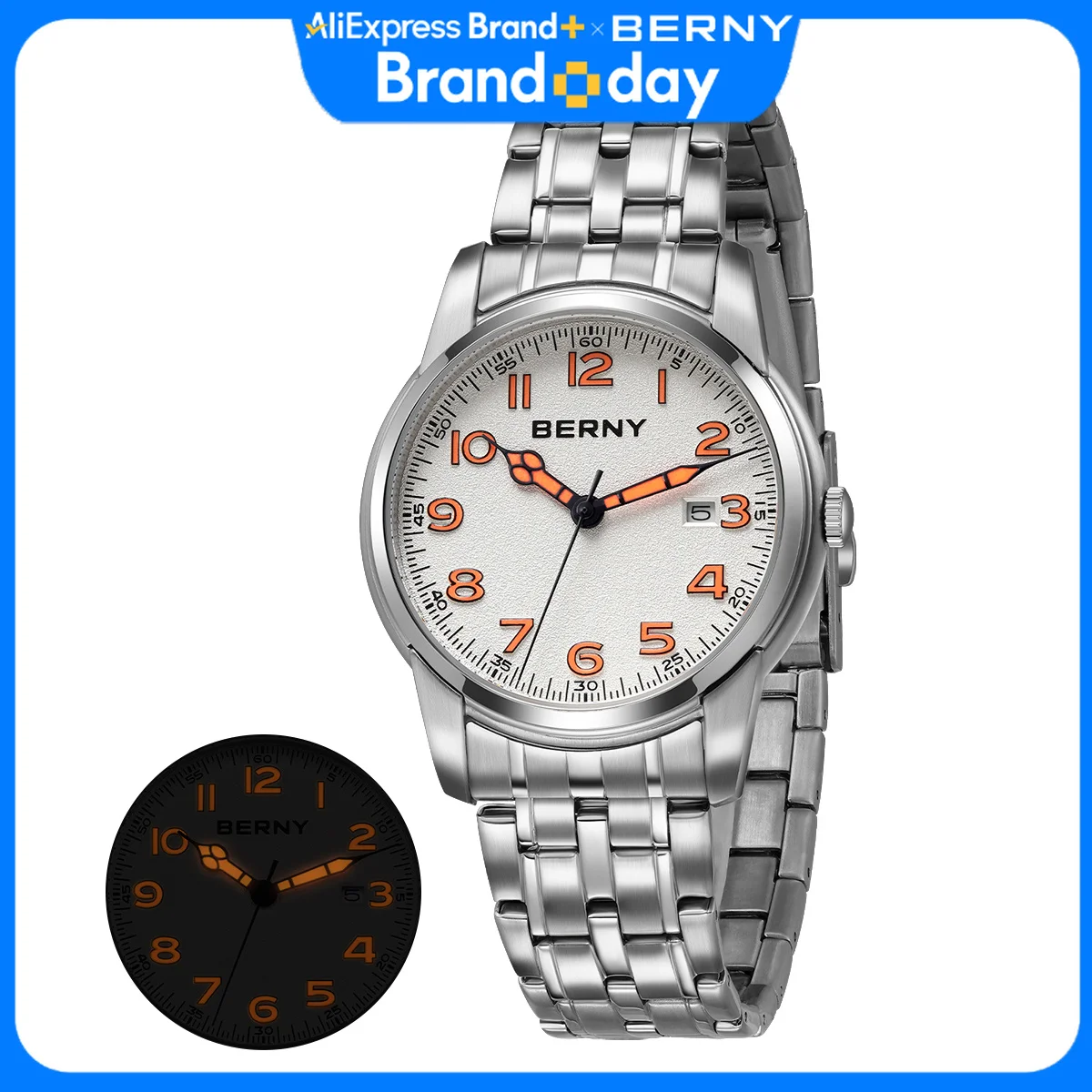 BERNY Watches for Men Calendar Date Luminous Quartz Watch S/S Fashion Classic Sports Easy Read Outdoor Men's Wristwatch