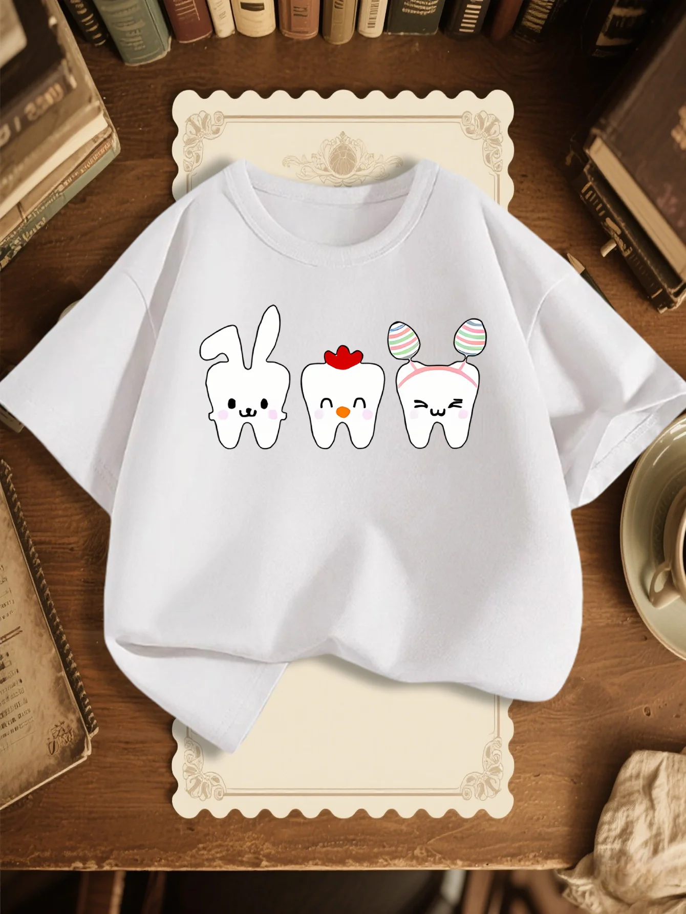 Cute Cartoon Teeth Bunny Chick Print Graphic Kids Tee Boys Girls Family Matching Cotton Crew Neck Short Sleeve Soft Summer Tee