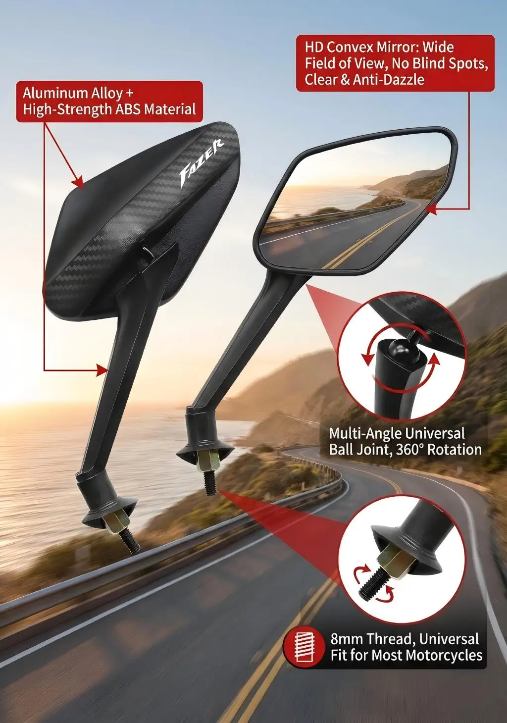 Motorcycle Carbon Fiber Rearview Side Mirror For Yamaha Fazer 125 150 FZ1 FZ6 F…