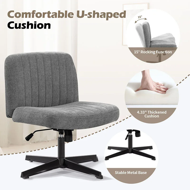 Office Chair Armless Desk Chair No Wheels, Fabric Padded Wide Seat Home Office Chairs, 115° Rocking Mid Back Cute Computer Chair