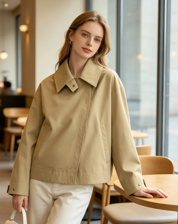Khaki Wide Lapel Cropped Trench Jacket, Oversized Drop Shoulder Adjustable Cuff Casual Outerwear 2026 Spring Autumn Commute
