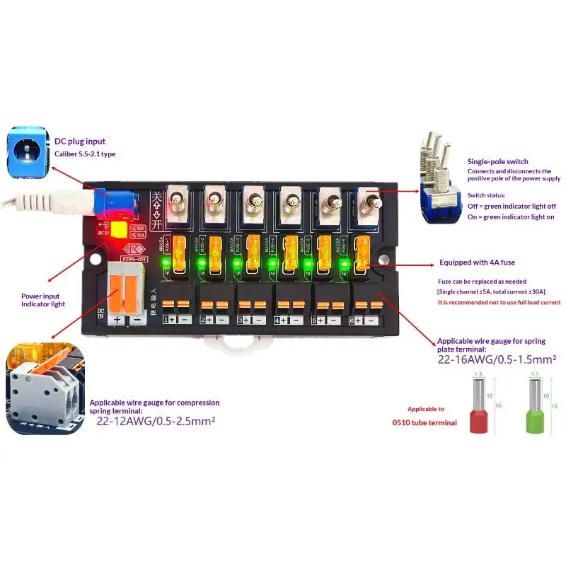 2/4/6/8 Channel DC Toggle Switch Power Distribution Module Spring Connection With Fuse & LED Indicator Per Channel