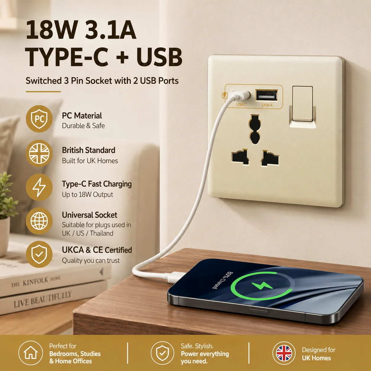 Gold UK 13A with USB C 18W 3.1A  Fast Charging Socket with USB Port. Wall Power Switch Socket, 1gang3way Intermediate Switch