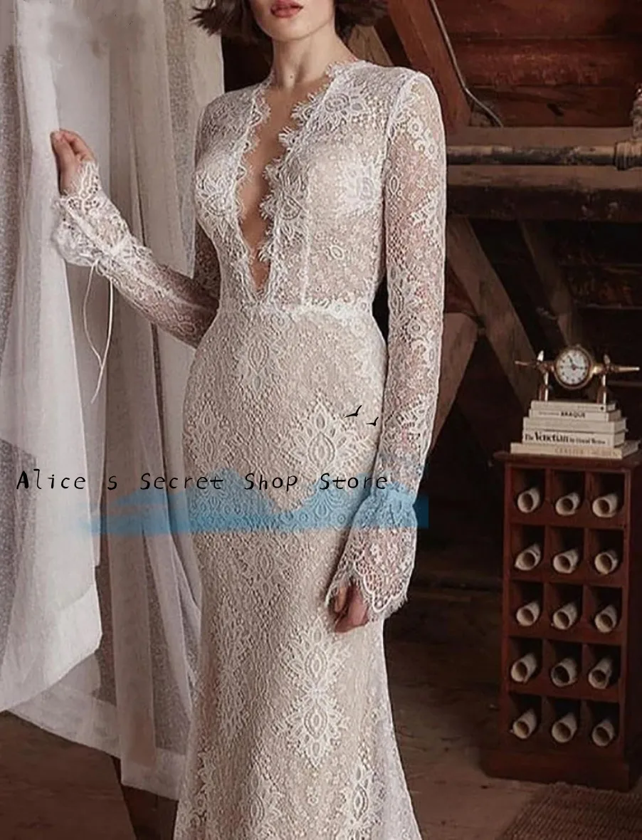 

Exquisite Appliques Wedding Dresses For Woman Deep V-Neck Full Sleeve Mermaid Back Lace Court Train Suitable Request Wedding