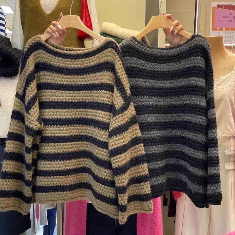 

Stylish Korean Striped Knitted Jumpers Autumn Winter Vintage Loose Women's Clothing Casual Slash Neck Commute All-match Sweaters