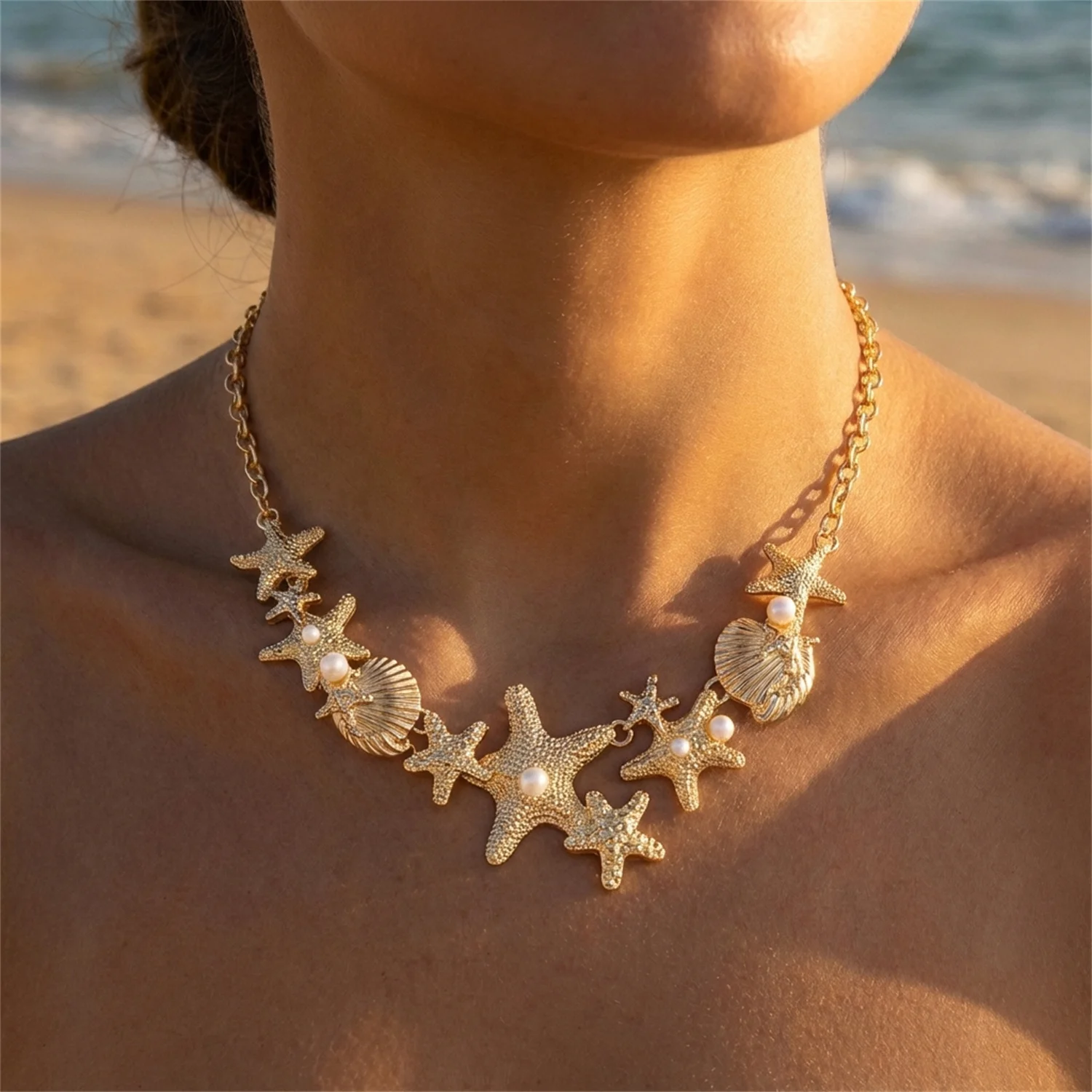 

Starfish Shell Imitation Pearl Necklace Summer Beach Vacation Style Accessory Personality Daily Accessory