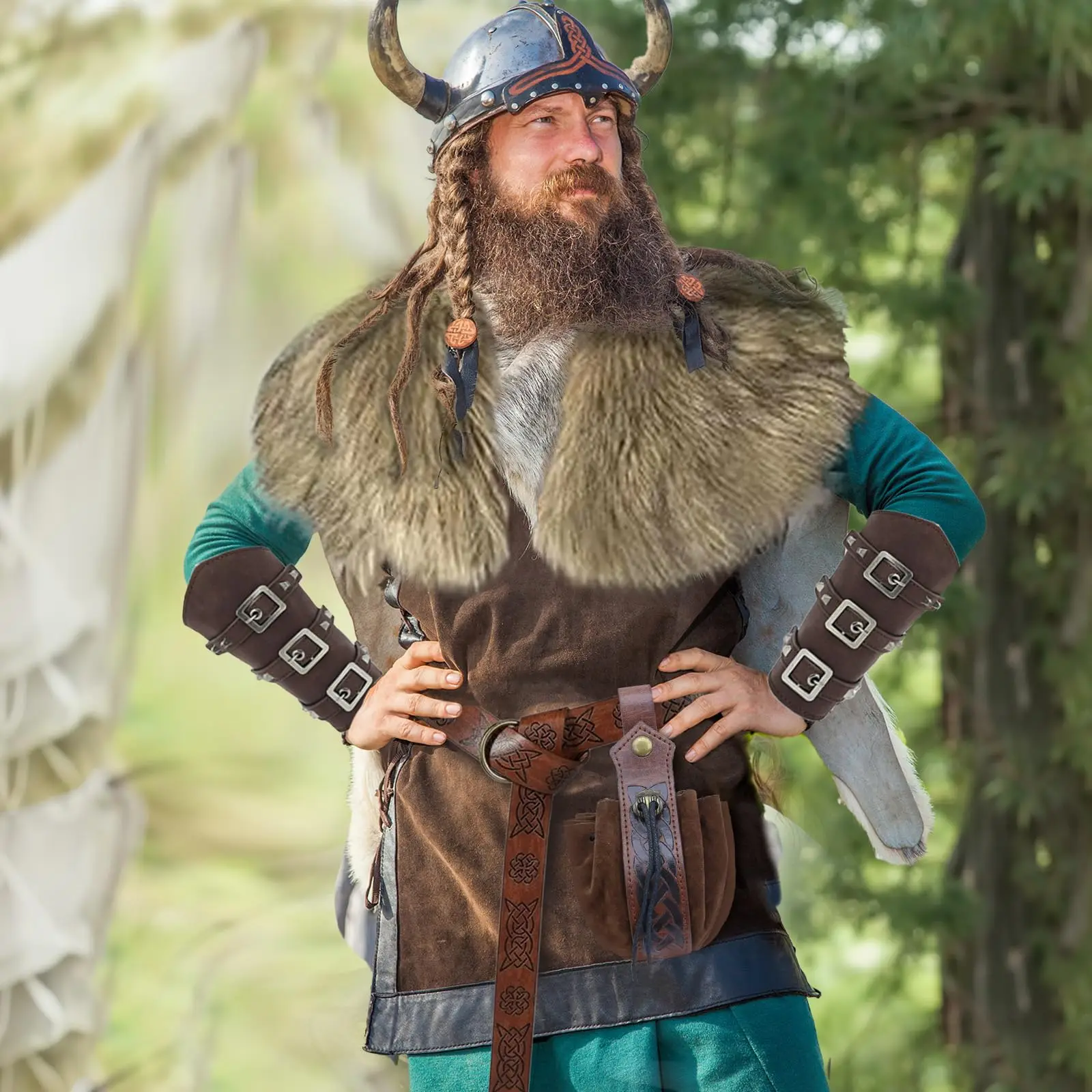 Mens Viking Costume Accessories Faux Fur Shawl Warrior Outfit Renaissance Medieval Clothes Bracers Armor Halloween Cosplay Adult