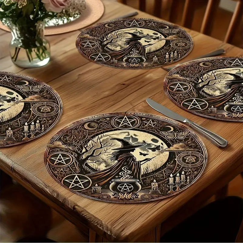VIKAMA Retro Witch Pentagram Round Linen Table Mat Insulation Table Mat Gothic Dark Halloween Western Food Mat Table Decoration