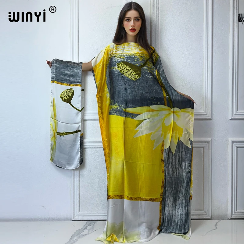 WINYI gaun panjang Maxi elegan wanita, gaun Kaftan motif leher kru abaya Afrika dubai