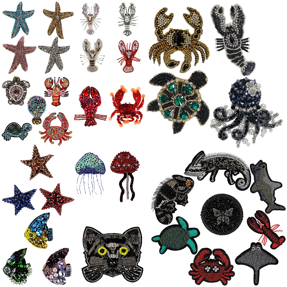 Beaded Rhinestone Fish Patches, Beaded Jellyfish, Octopus, Lizard, Butterfly, Sew Sequin Badge, Turtle, Lobster, Crab, Sea Stars