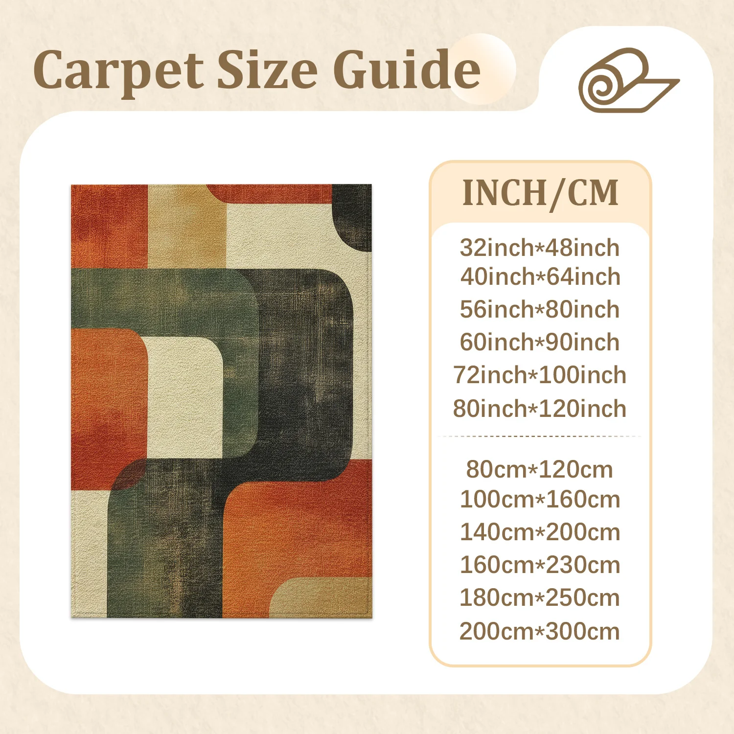 Large Indoor Area Rug, Soft Velvet Low Pile Non-slip Backing, Machine Washable Mid-Century Modern Geometric Rug with Burnt Orange & Forest Green Pattern for Living Room Bedroom
