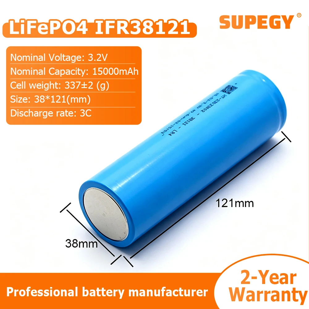 38121 LiFePO4 Battery 3.2V 15Ah Cylindrical Power Battery with Screw Terminals M4 Studs for Solar Energy EV Pack Lifepo4
