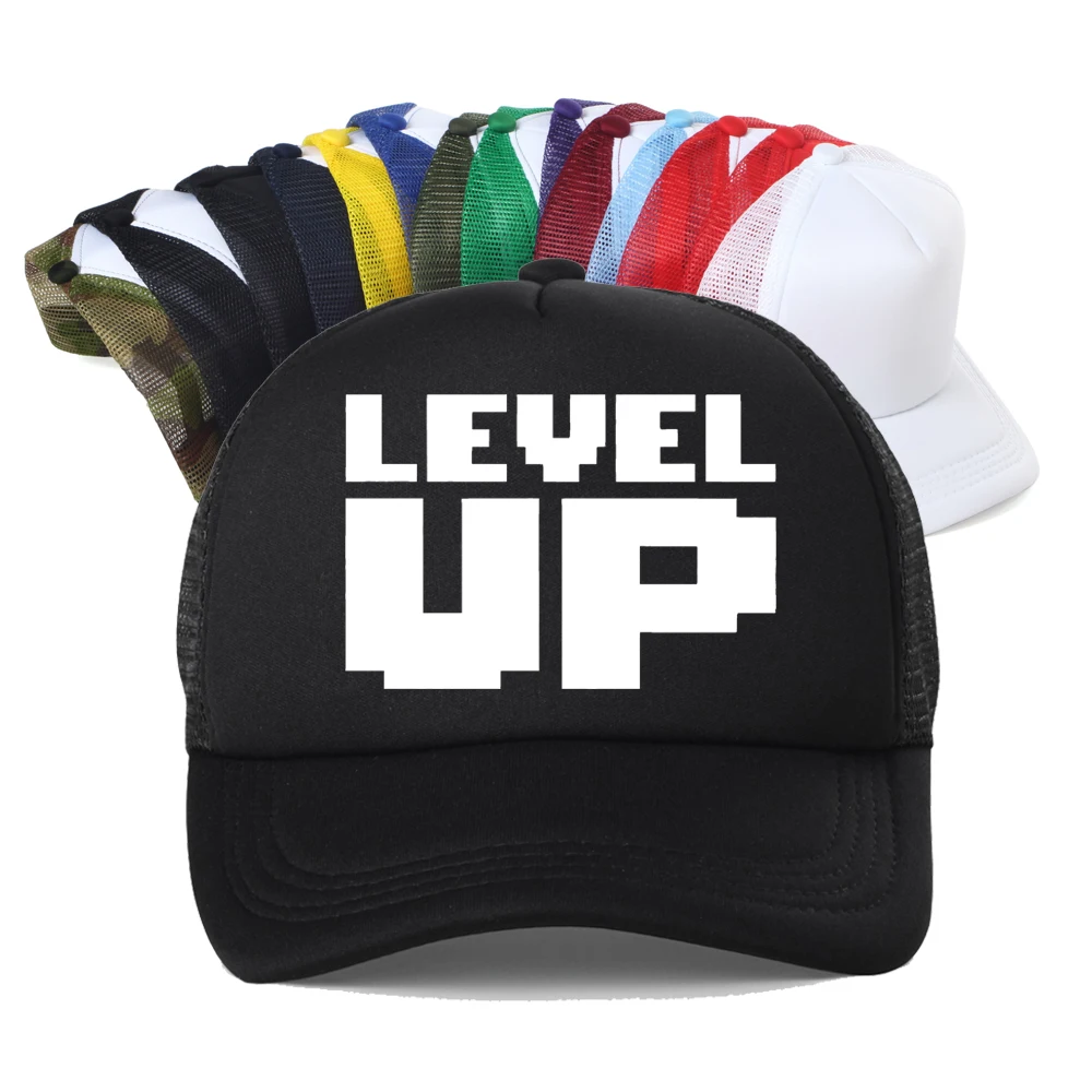 Level Up Printed Baseball Cap Men Women Basic Streetwear Summer Breathable Trucker Sun Snapback Hat