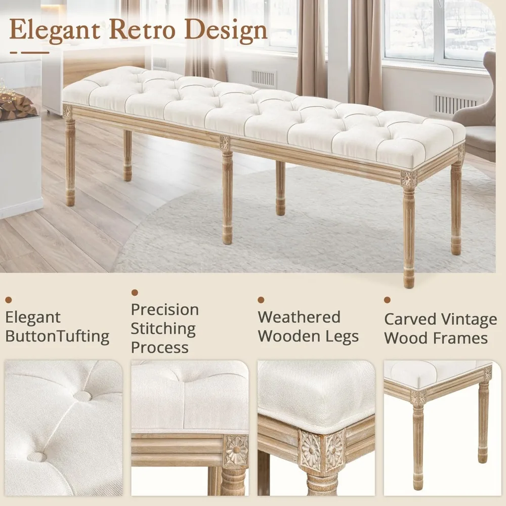 Bangku Ujung Tempat Tidur Kain 60", Bangku Kamar Tidur Prancis Berumbai Berlapis dengan Kaki Berukir untuk Ujung Tempat Tidur Kamar Tidur