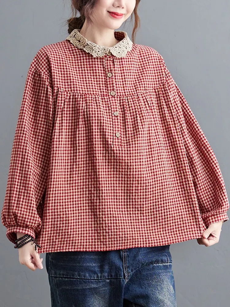 Women Long Sleeve Casual Shirts New 2022 Spring Simple Style Lace Collar Vintage Plaid Loose Female Cotton Tops B1633