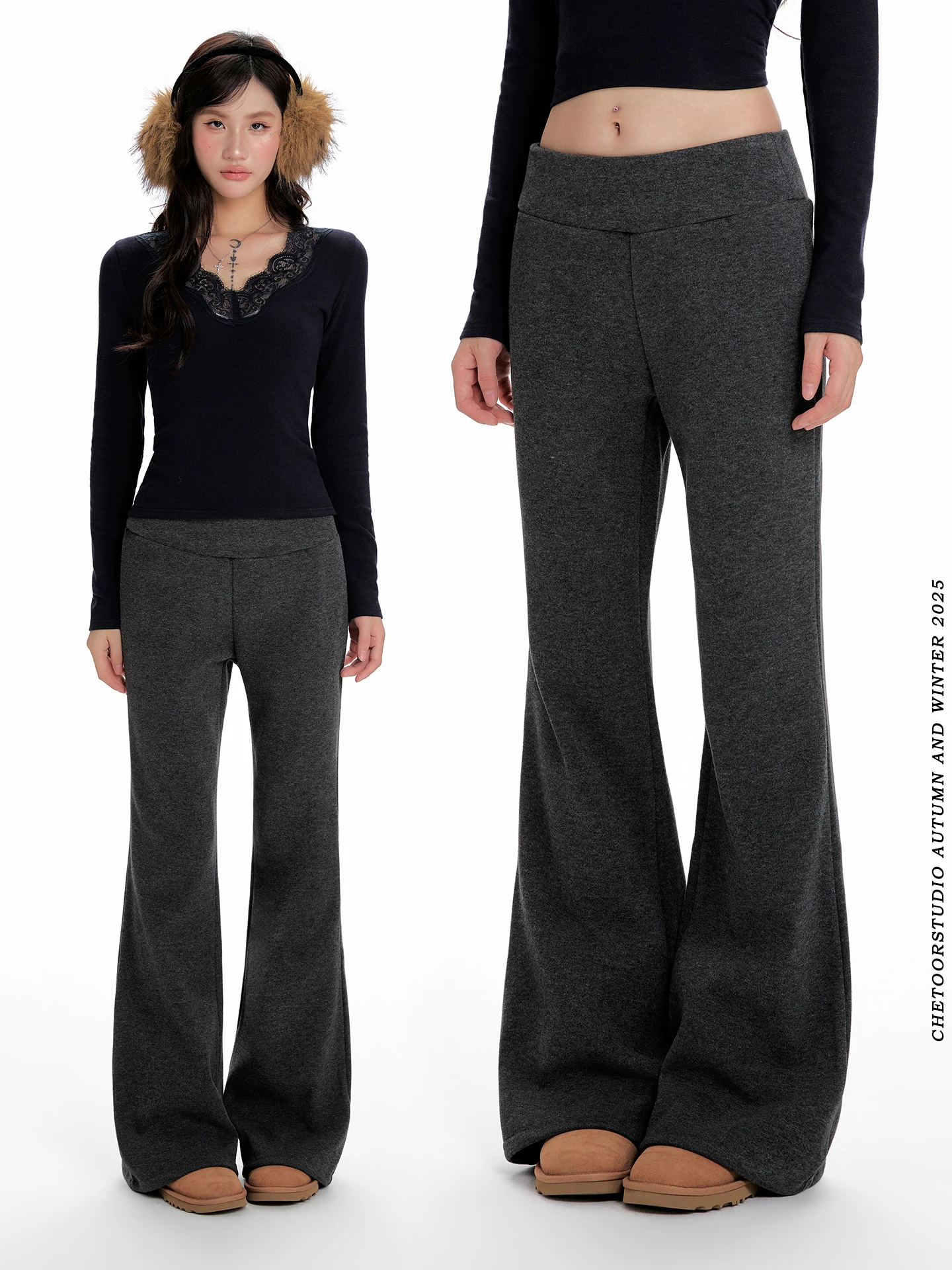 

High Waist Flared Casual Pants Women's Deep ey Slimming Drapey Fce Lined Sweatpants Comfortable Loose Fit Knitted Trousers