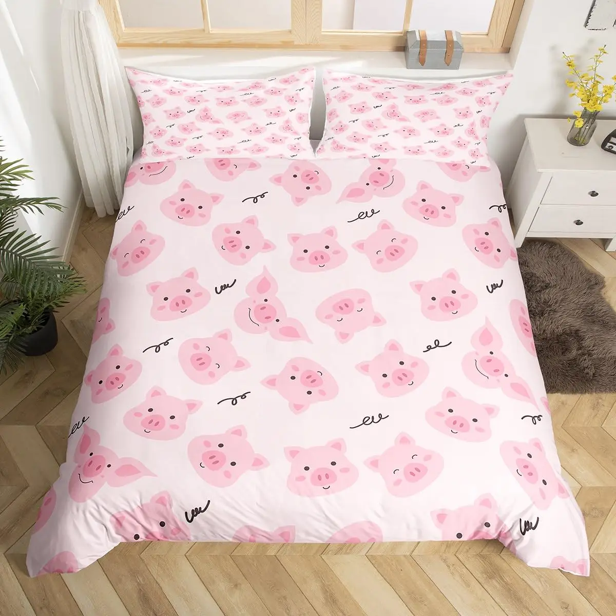 Pig Duvet Cover King Twin Lovely Cartoon Piggy Comforter Cover,Girls Pink Bedding Set Kawaii Farm Animal Microfiber Quilt Cover