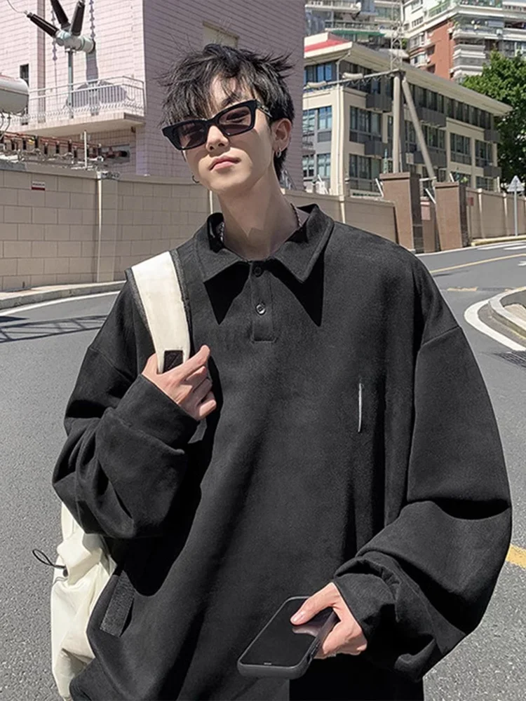 

American High Street Sle Men's Oversize Sweatirt Spring Autumn Collared Embroidered Jaet Heavyweight Casual Wear